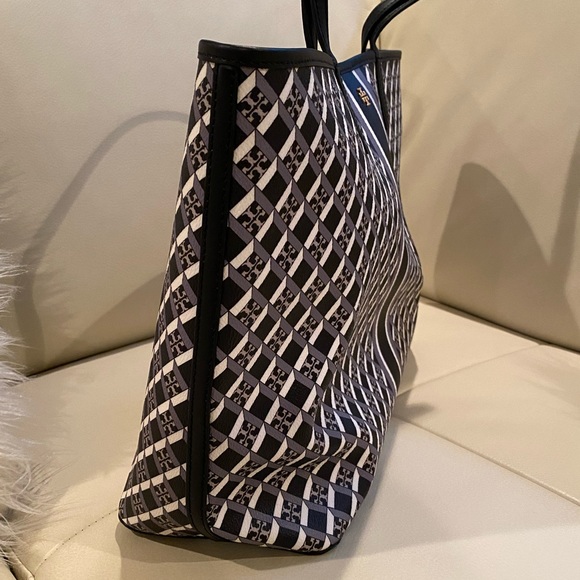 Tory Burch Tote | Geo Logo with Stripe | Black Gray & White - Picture 3 of 16